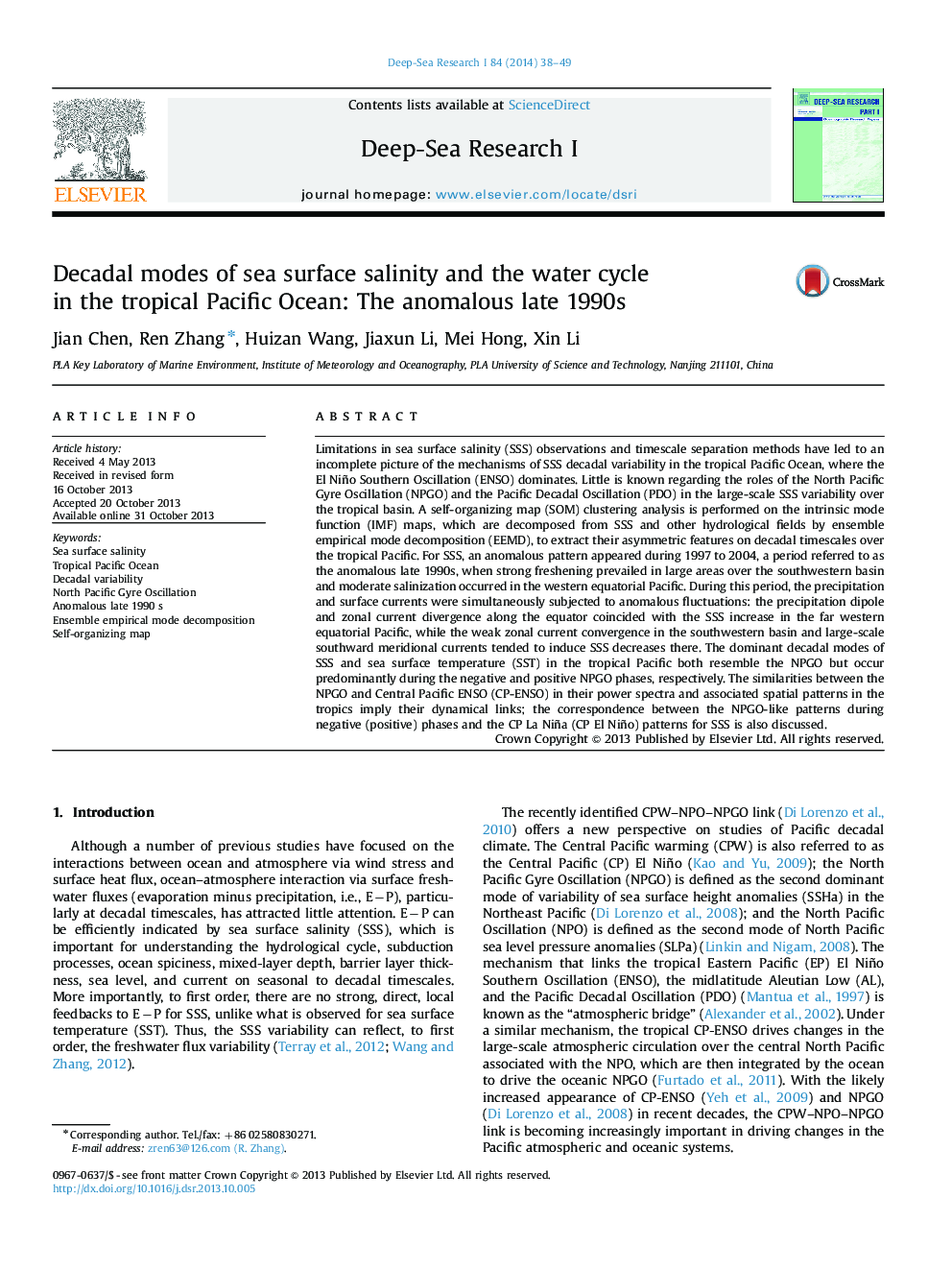 Decadal modes of sea surface salinity and the water cycle in the tropical Pacific Ocean: The anomalous late 1990s