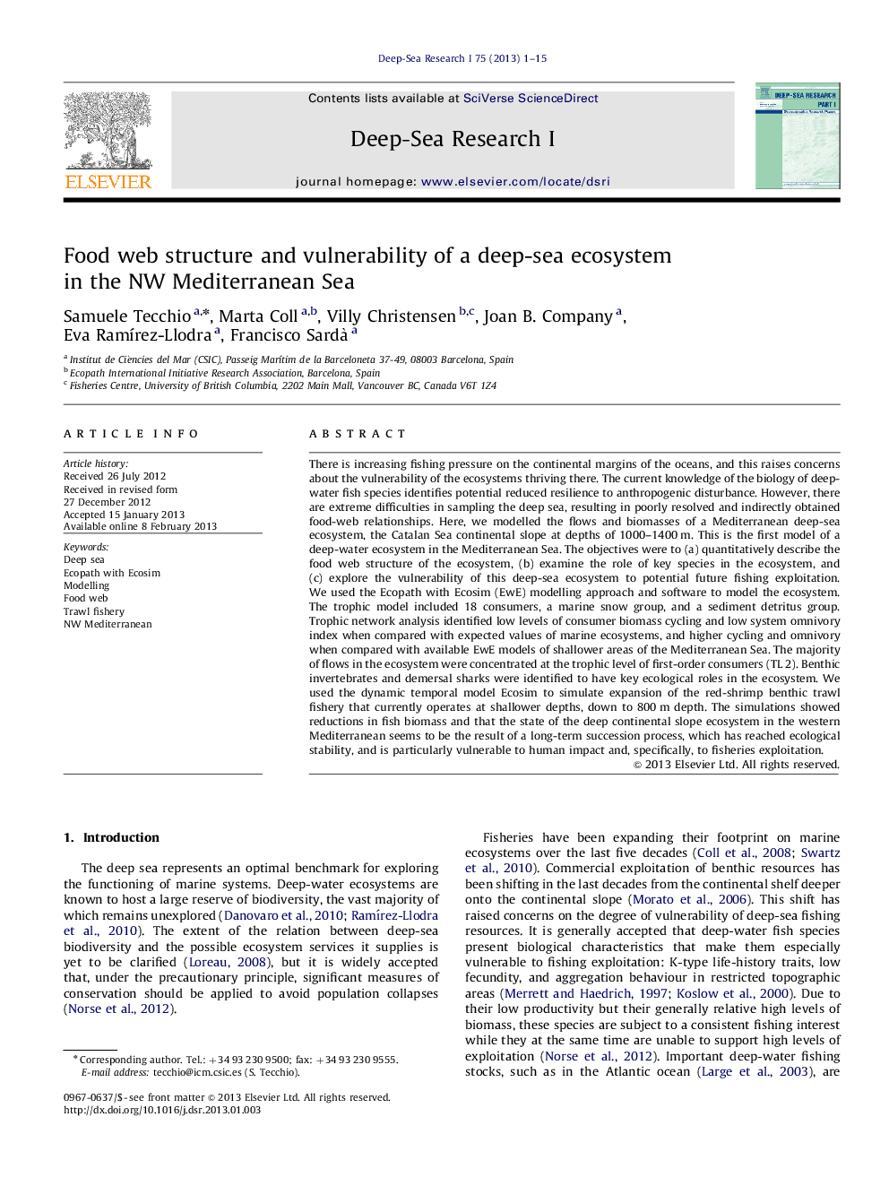 Food web structure and vulnerability of a deep-sea ecosystem in the NW Mediterranean Sea