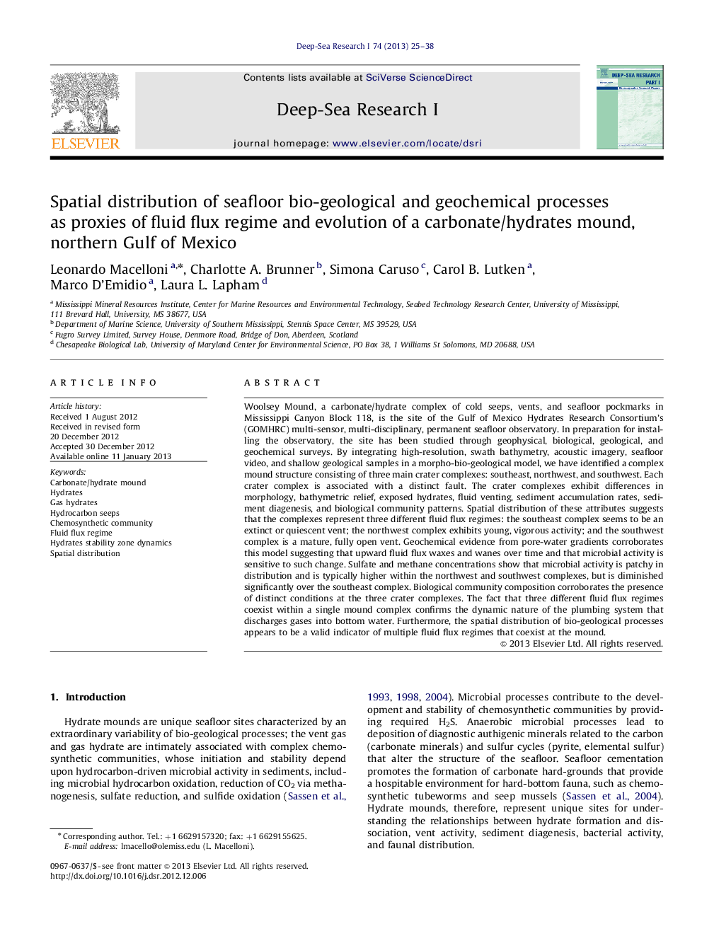 Spatial distribution of seafloor bio-geological and geochemical processes as proxies of fluid flux regime and evolution of a carbonate/hydrates mound, northern Gulf of Mexico