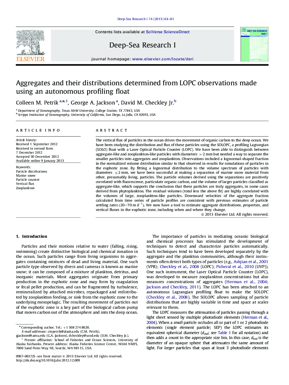 Aggregates and their distributions determined from LOPC observations made using an autonomous profiling float