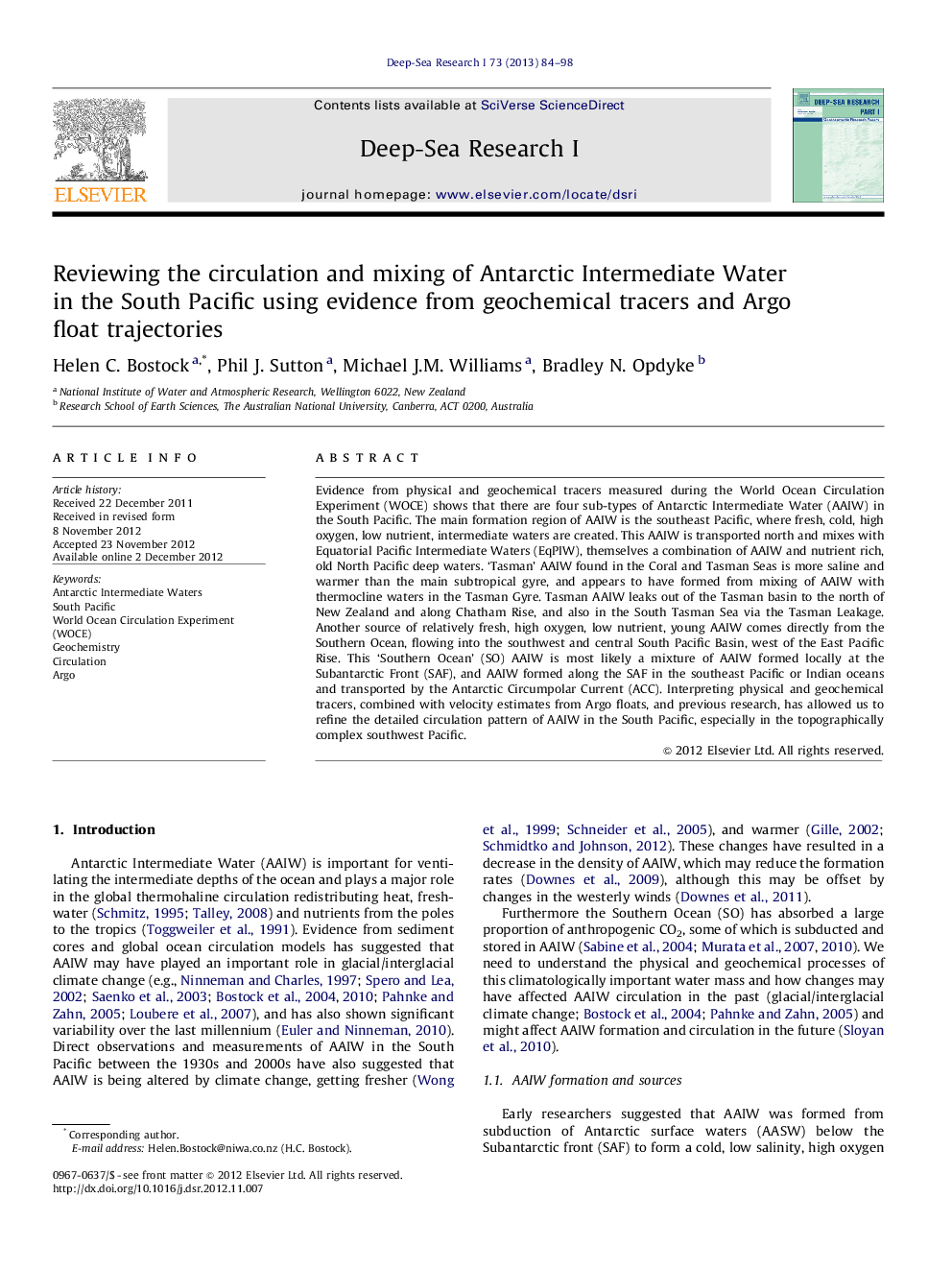 Reviewing the circulation and mixing of Antarctic Intermediate Water in the South Pacific using evidence from geochemical tracers and Argo float trajectories