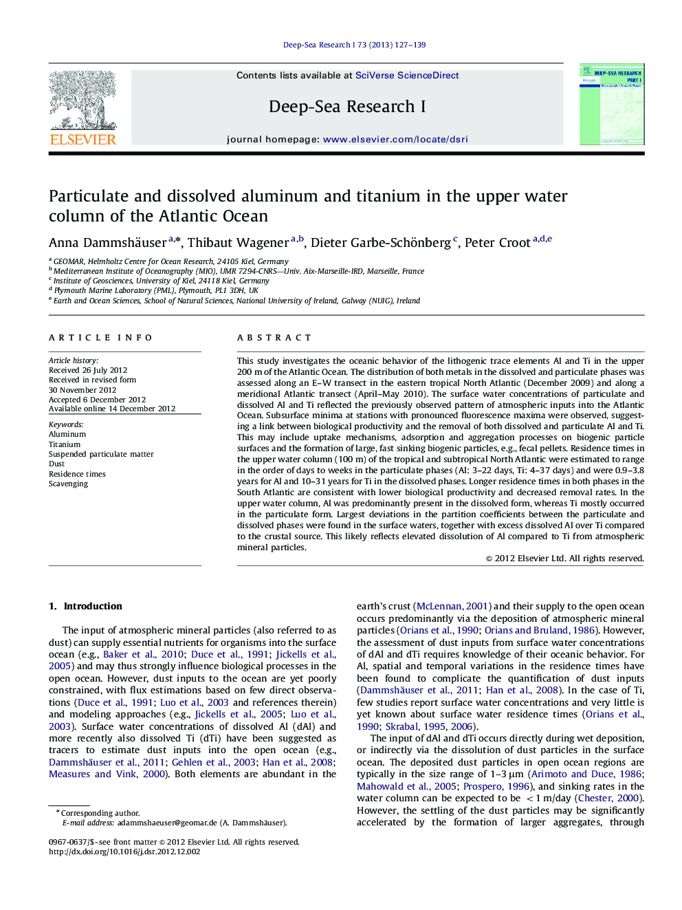 Particulate and dissolved aluminum and titanium in the upper water column of the Atlantic Ocean