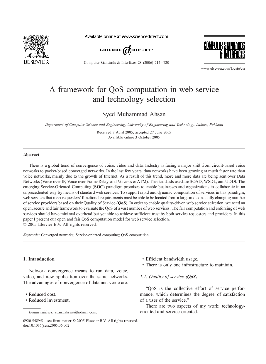 A framework for QoS computation in web service and technology selection