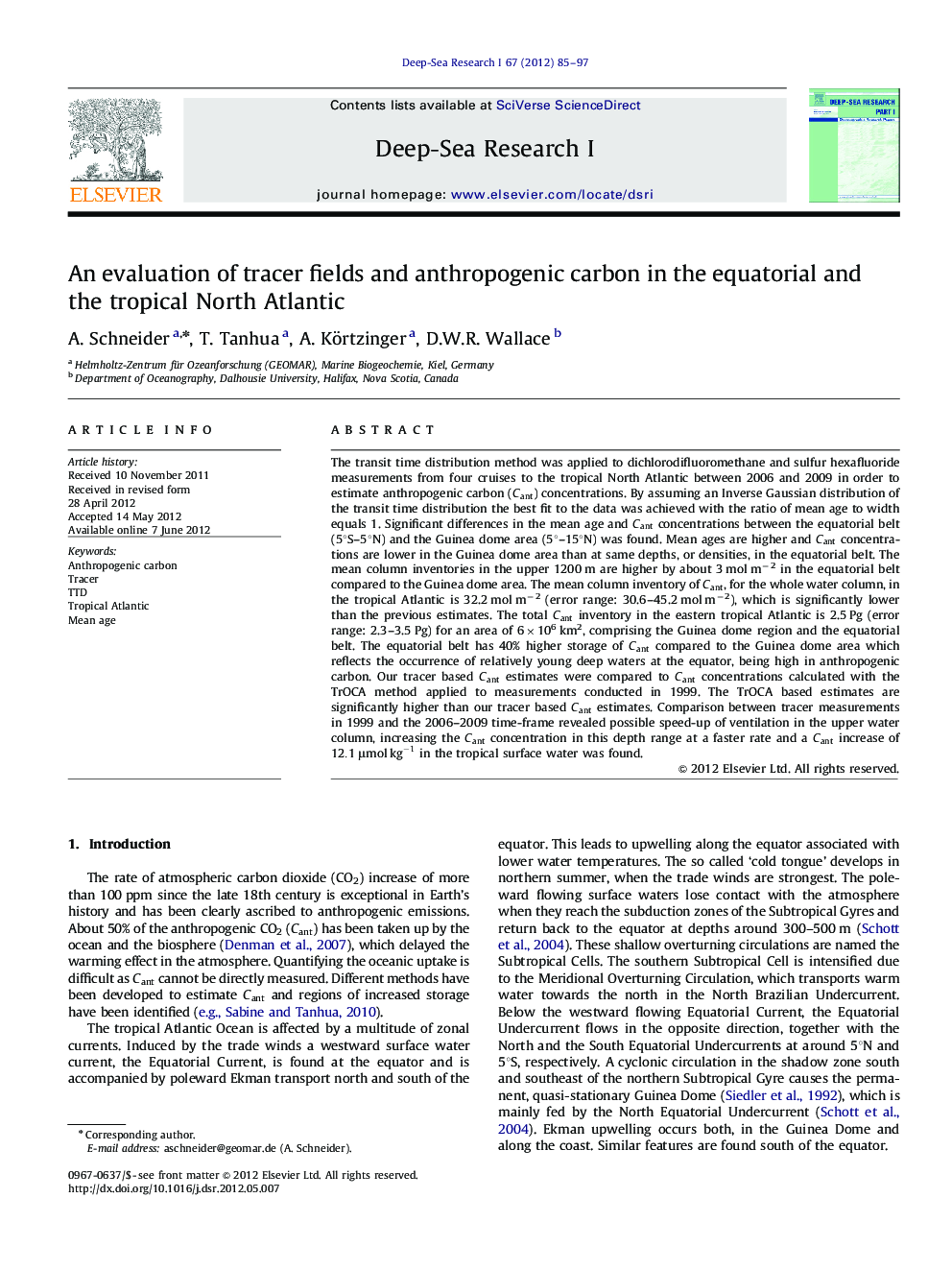 An evaluation of tracer fields and anthropogenic carbon in the equatorial and the tropical North Atlantic