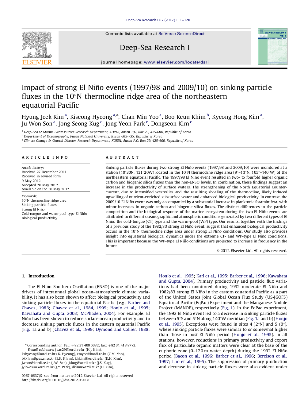 Impact of strong El Niño events (1997/98 and 2009/10) on sinking particle fluxes in the 10°N thermocline ridge area of the northeastern equatorial Pacific