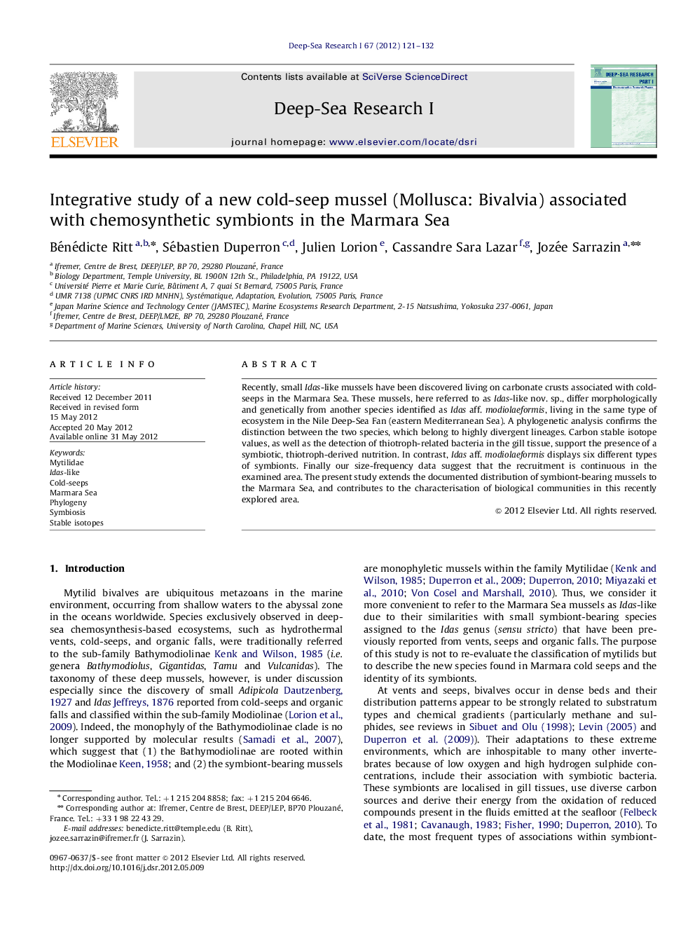 Integrative study of a new cold-seep mussel (Mollusca: Bivalvia) associated with chemosynthetic symbionts in the Marmara Sea