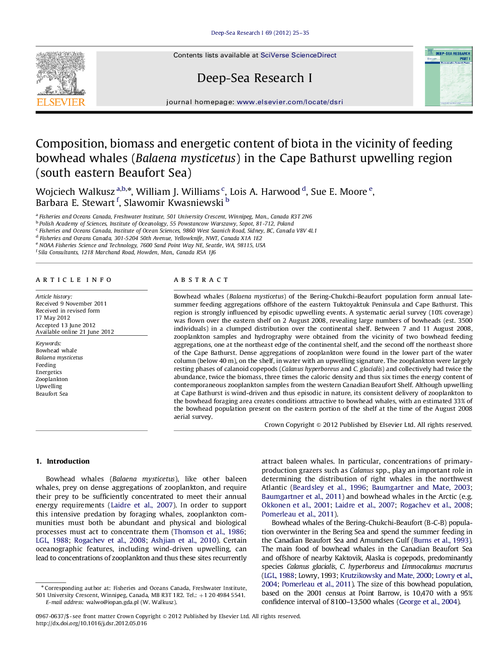 Composition, biomass and energetic content of biota in the vicinity of feeding bowhead whales (Balaena mysticetus) in the Cape Bathurst upwelling region (south eastern Beaufort Sea)