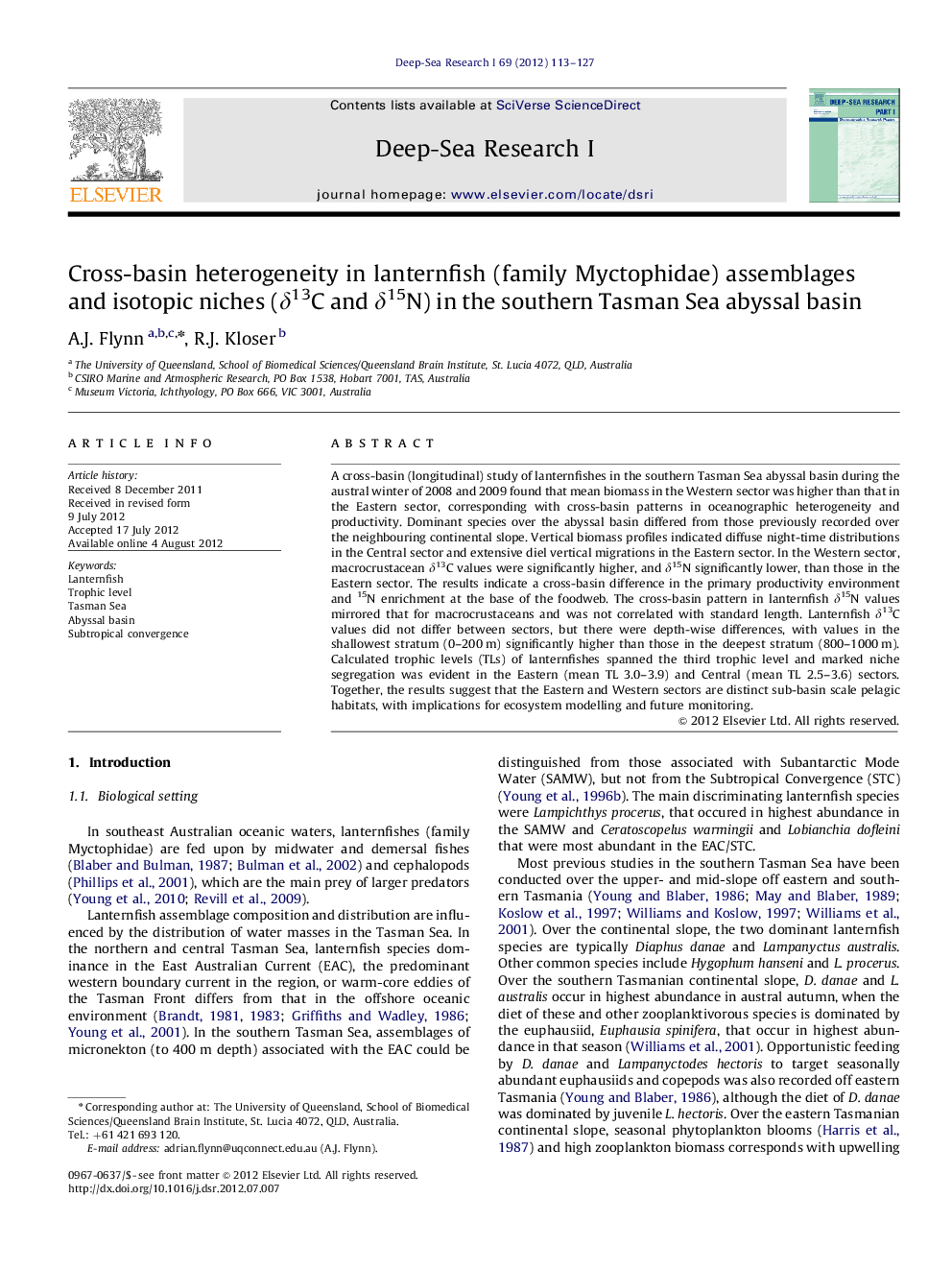 Cross-basin heterogeneity in lanternfish (family Myctophidae) assemblages and isotopic niches (δ13C and δ15N) in the southern Tasman Sea abyssal basin