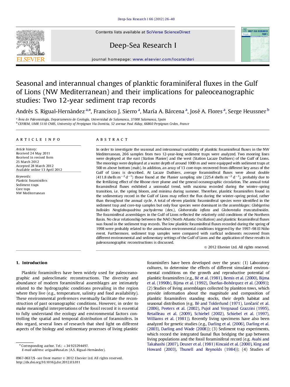 Seasonal and interannual changes of planktic foraminiferal fluxes in the Gulf of Lions (NW Mediterranean) and their implications for paleoceanographic studies: Two 12-year sediment trap records