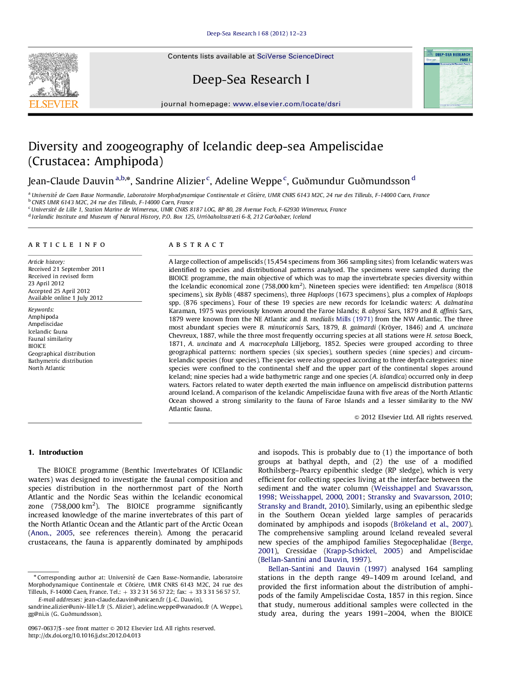 Diversity and zoogeography of Icelandic deep-sea Ampeliscidae (Crustacea: Amphipoda)