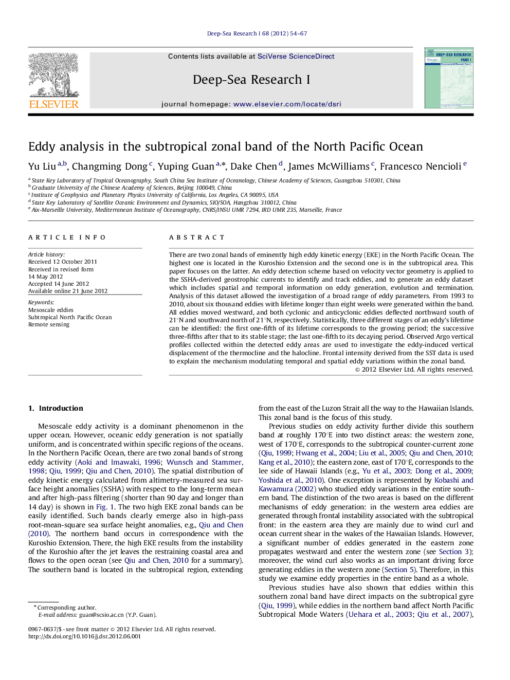 Eddy analysis in the subtropical zonal band of the North Pacific Ocean