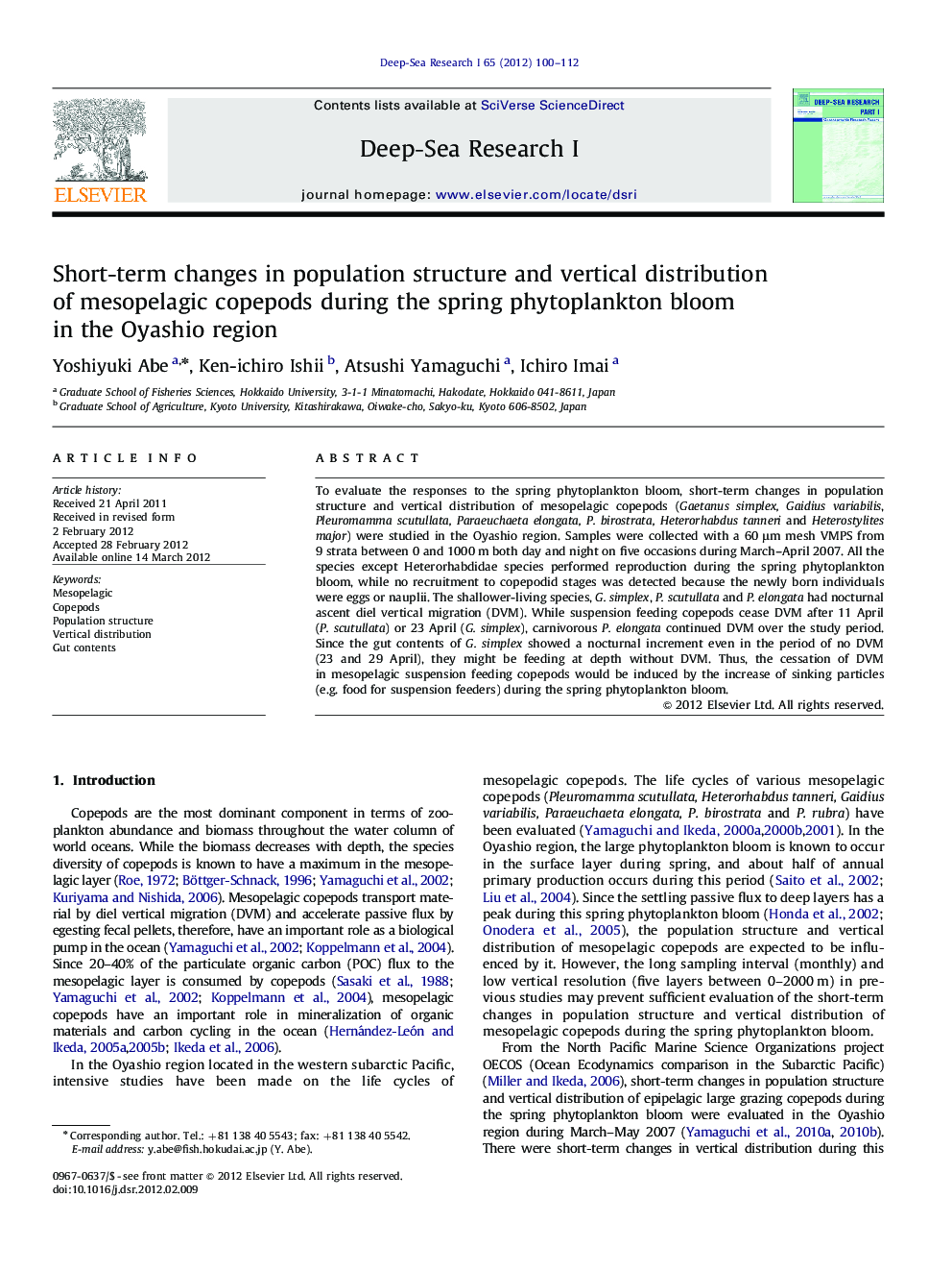 Short-term changes in population structure and vertical distribution of mesopelagic copepods during the spring phytoplankton bloom in the Oyashio region