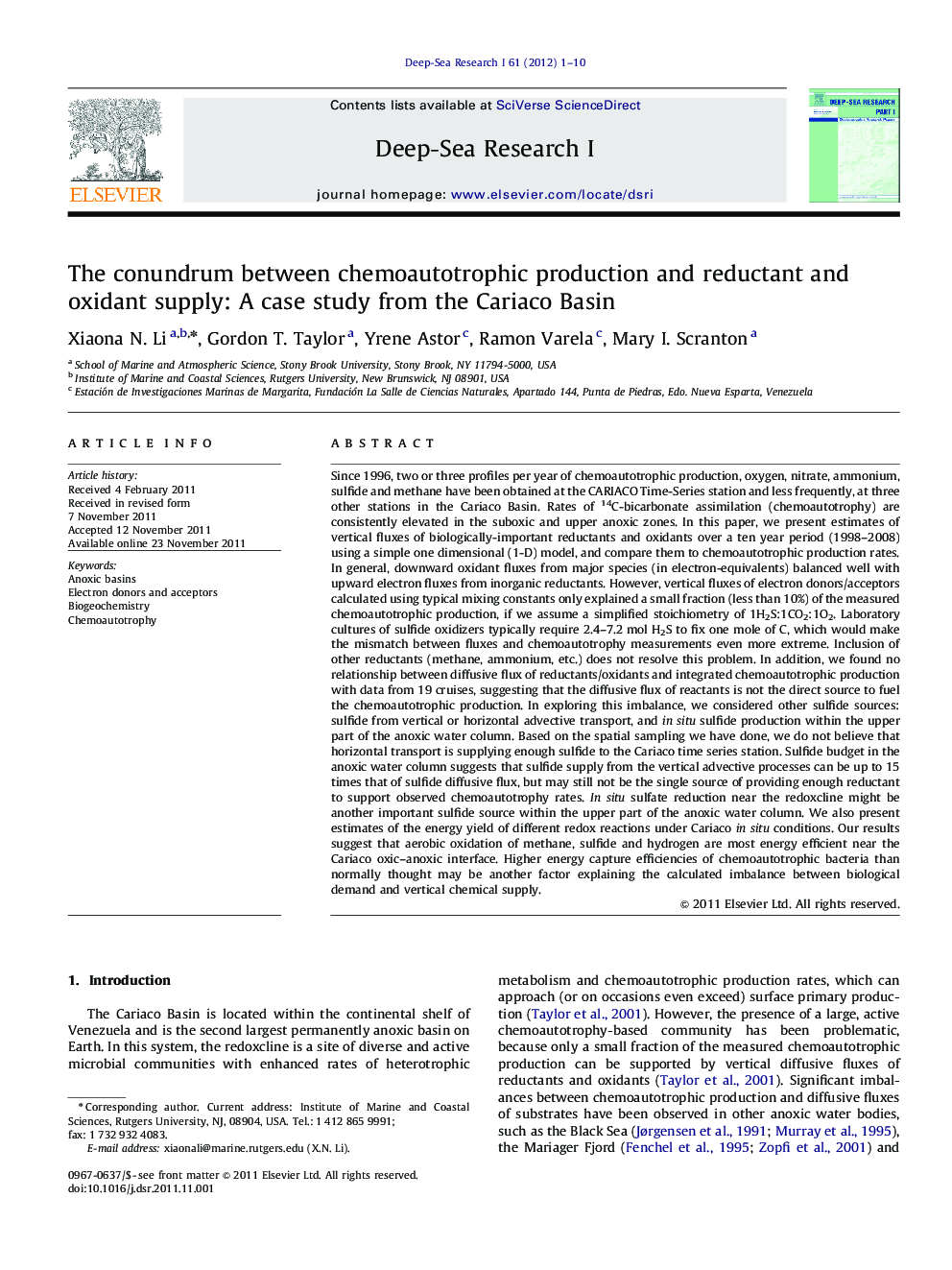 The conundrum between chemoautotrophic production and reductant and oxidant supply: A case study from the Cariaco Basin