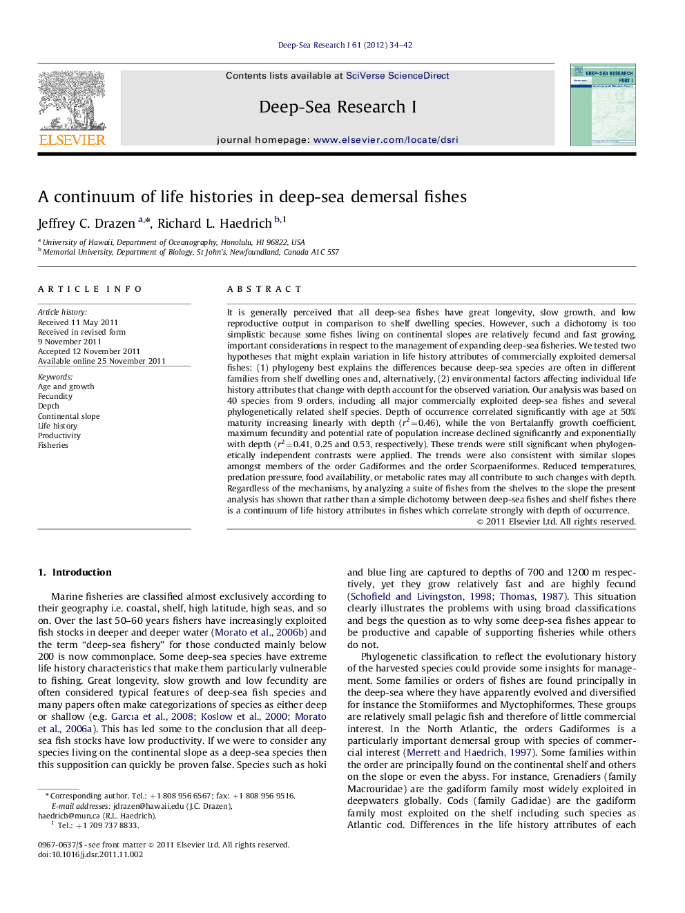 A continuum of life histories in deep-sea demersal fishes