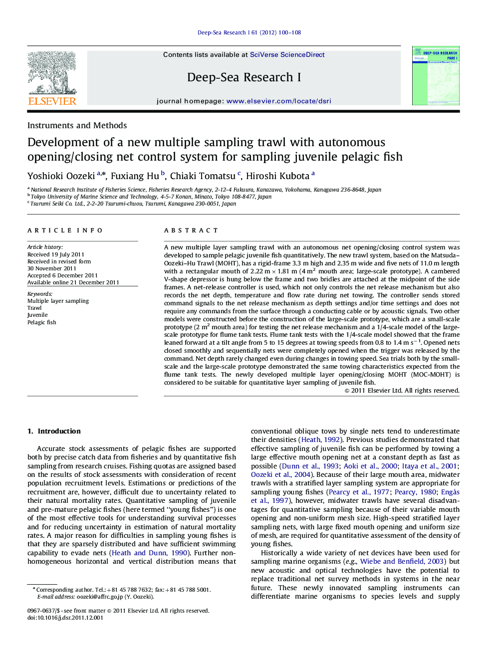 Development of a new multiple sampling trawl with autonomous opening/closing net control system for sampling juvenile pelagic fish