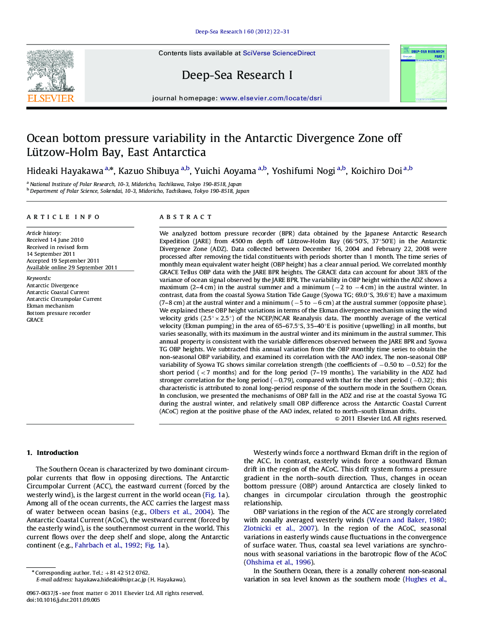 Ocean bottom pressure variability in the Antarctic Divergence Zone off Lützow-Holm Bay, East Antarctica