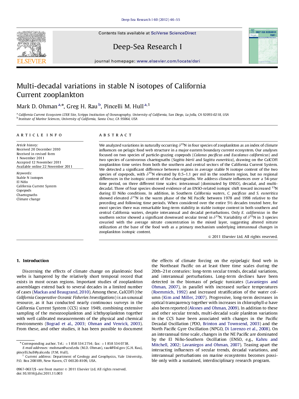 Multi-decadal variations in stable N isotopes of California Current zooplankton