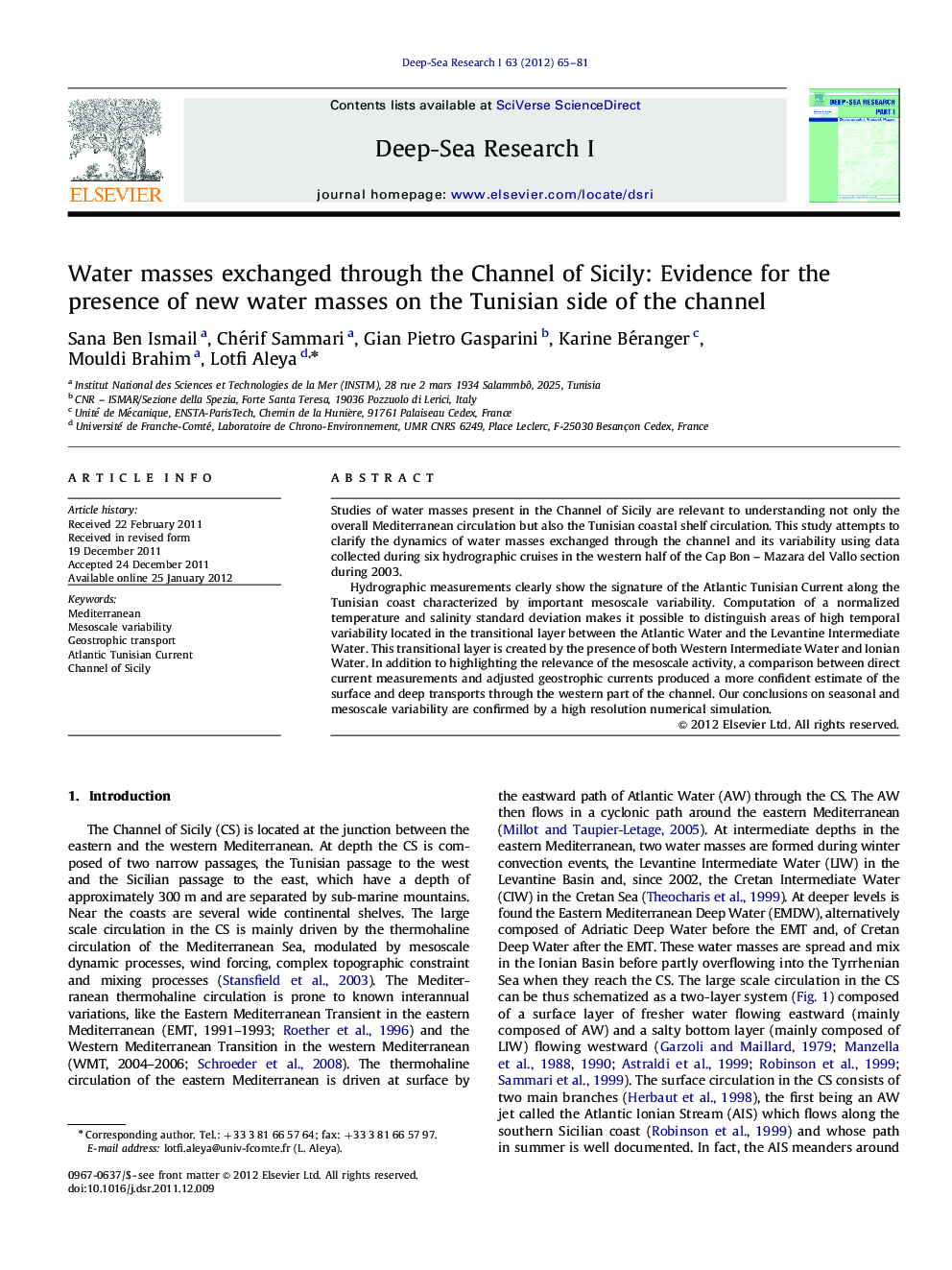 Water masses exchanged through the Channel of Sicily: Evidence for the presence of new water masses on the Tunisian side of the channel