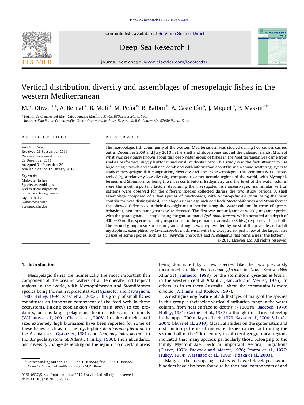 Vertical distribution, diversity and assemblages of mesopelagic fishes in the western Mediterranean