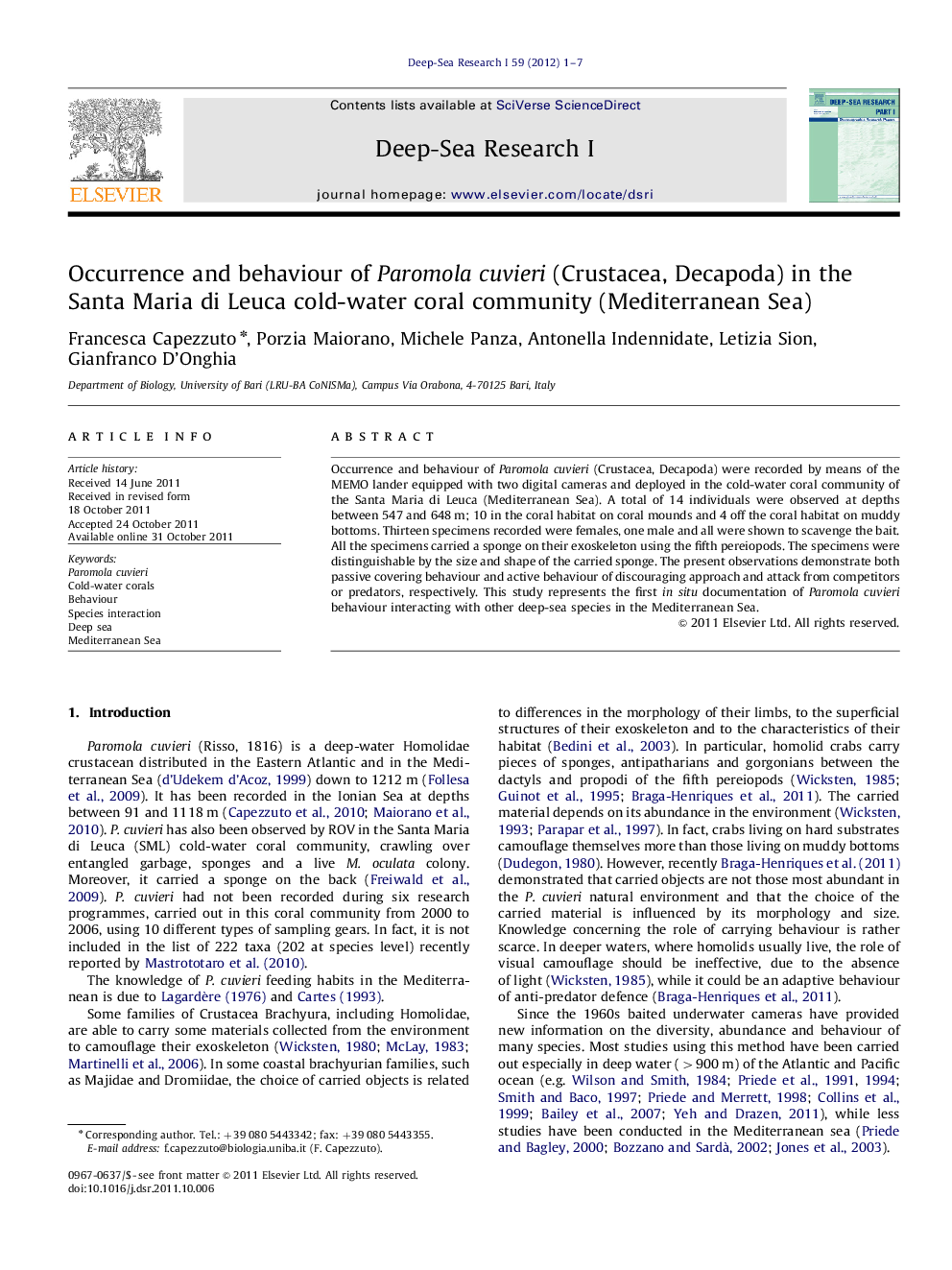 Occurrence and behaviour of Paromola cuvieri (Crustacea, Decapoda) in the Santa Maria di Leuca cold-water coral community (Mediterranean Sea)