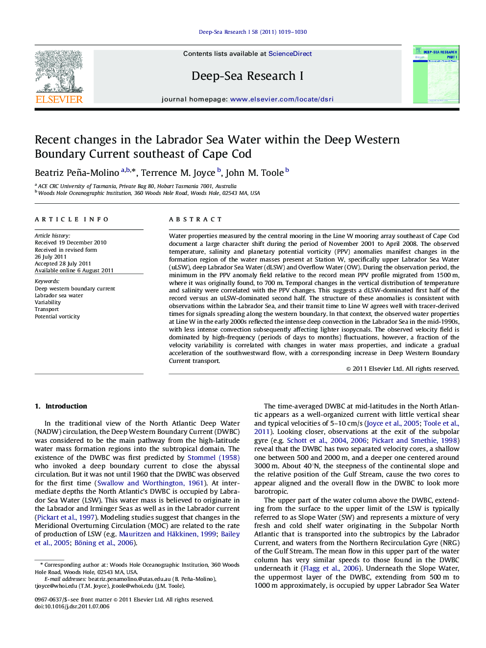 Recent changes in the Labrador Sea Water within the Deep Western Boundary Current southeast of Cape Cod