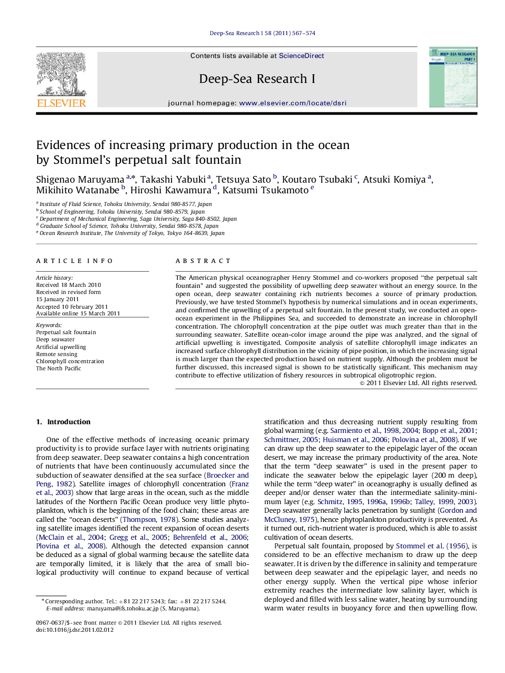 Evidences of increasing primary production in the ocean by Stommel's perpetual salt fountain