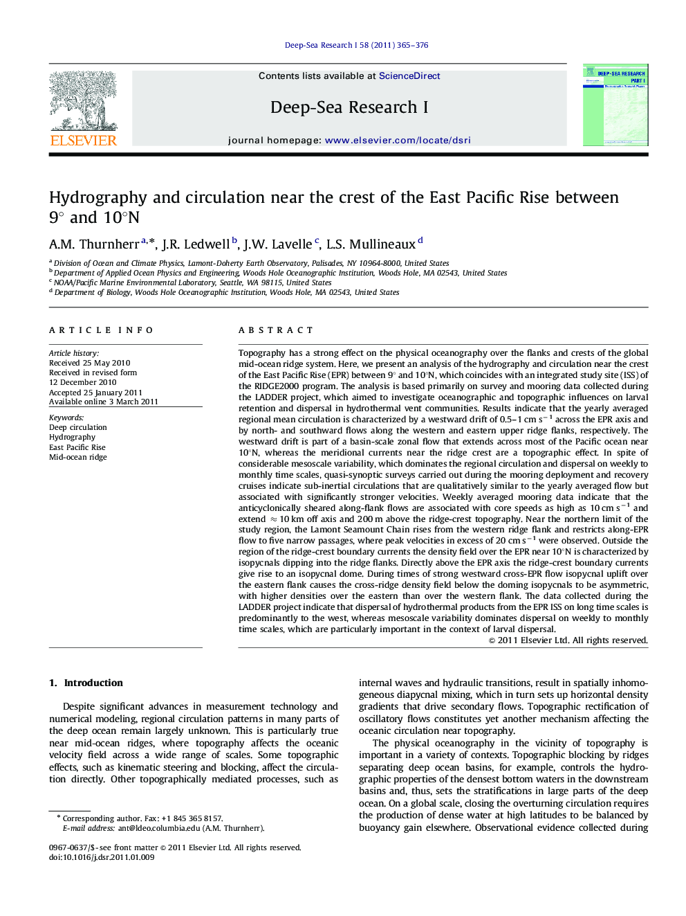 Hydrography and circulation near the crest of the East Pacific Rise between 9° and 10°N