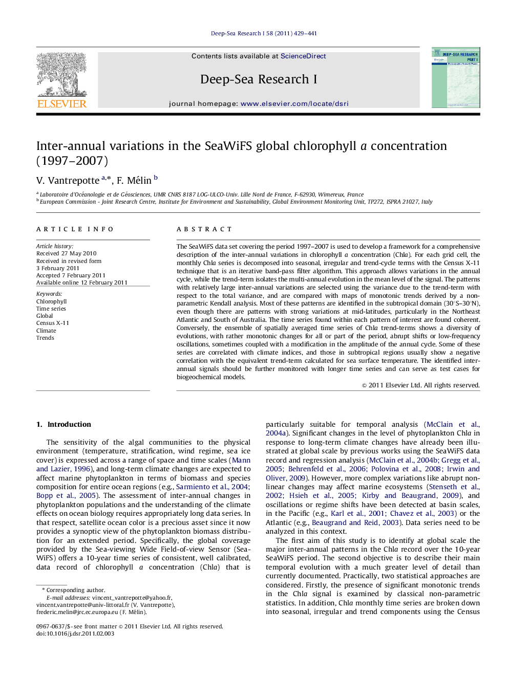 Inter-annual variations in the SeaWiFS global chlorophyll a concentration (1997–2007)