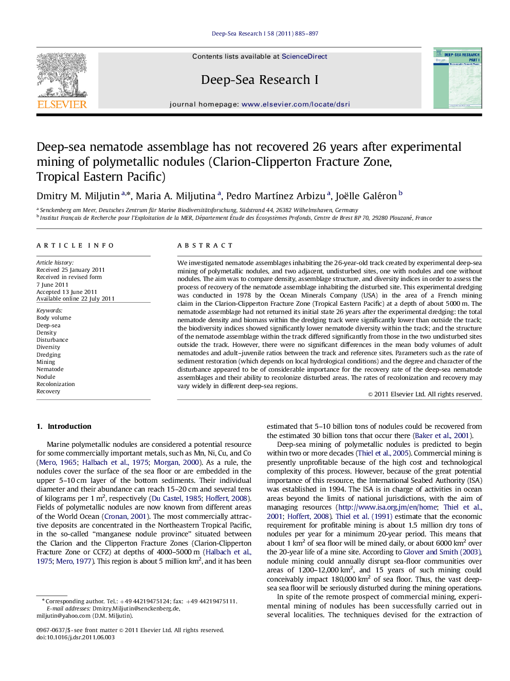 Deep-sea nematode assemblage has not recovered 26 years after experimental mining of polymetallic nodules (Clarion-Clipperton Fracture Zone, Tropical Eastern Pacific)