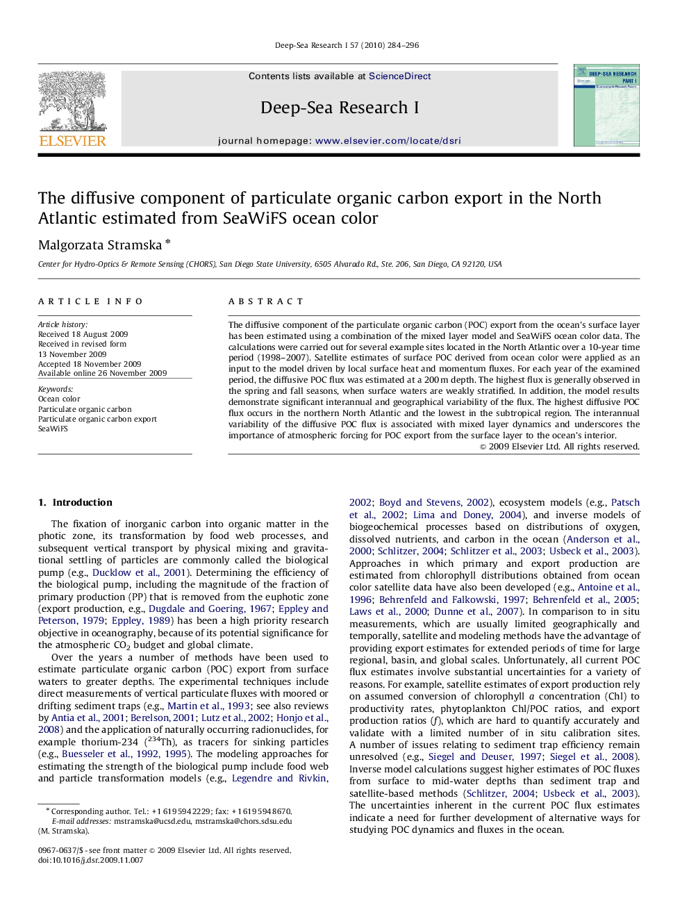 The diffusive component of particulate organic carbon export in the North Atlantic estimated from SeaWiFS ocean color