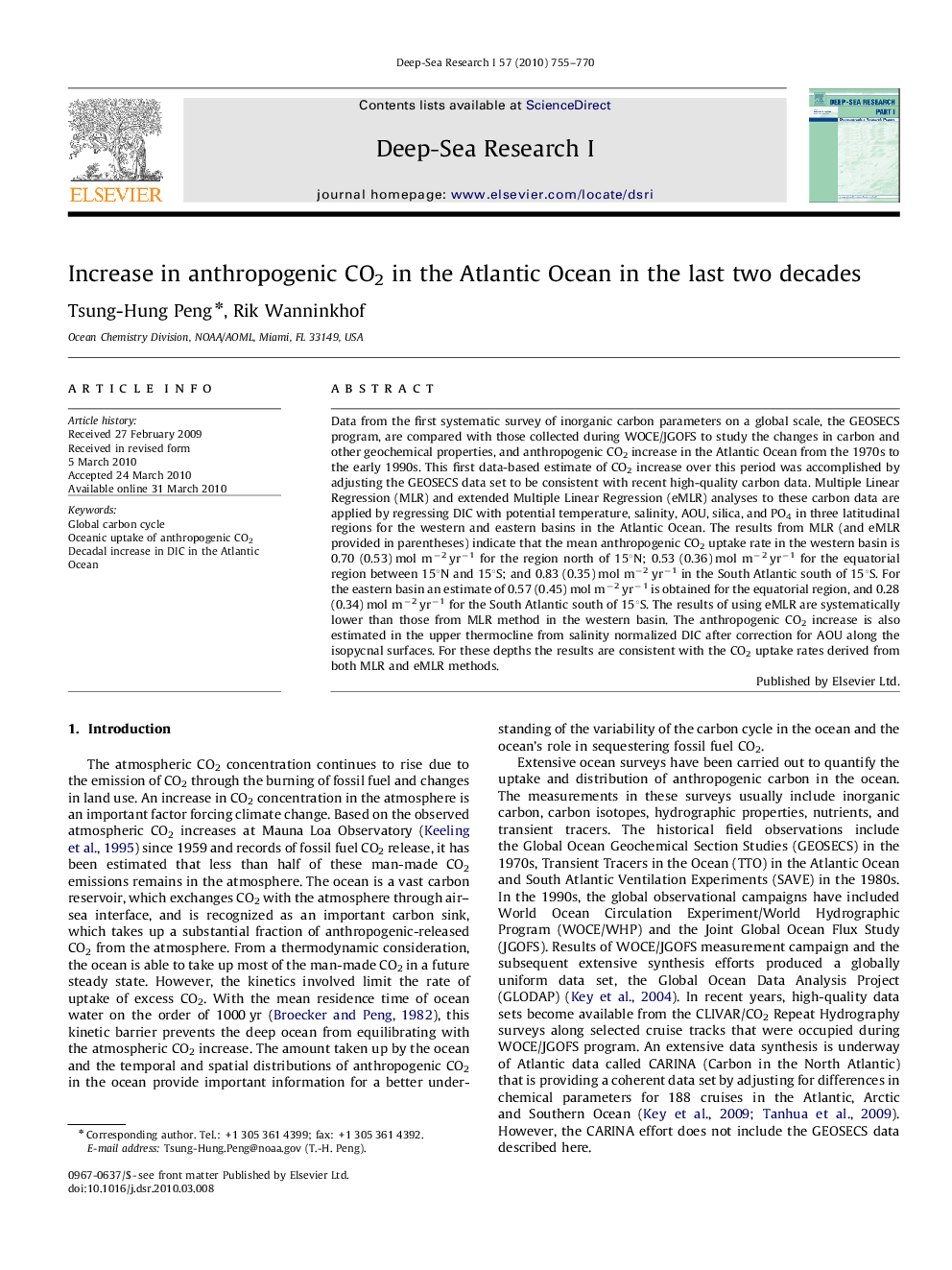 Increase in anthropogenic CO2 in the Atlantic Ocean in the last two decades