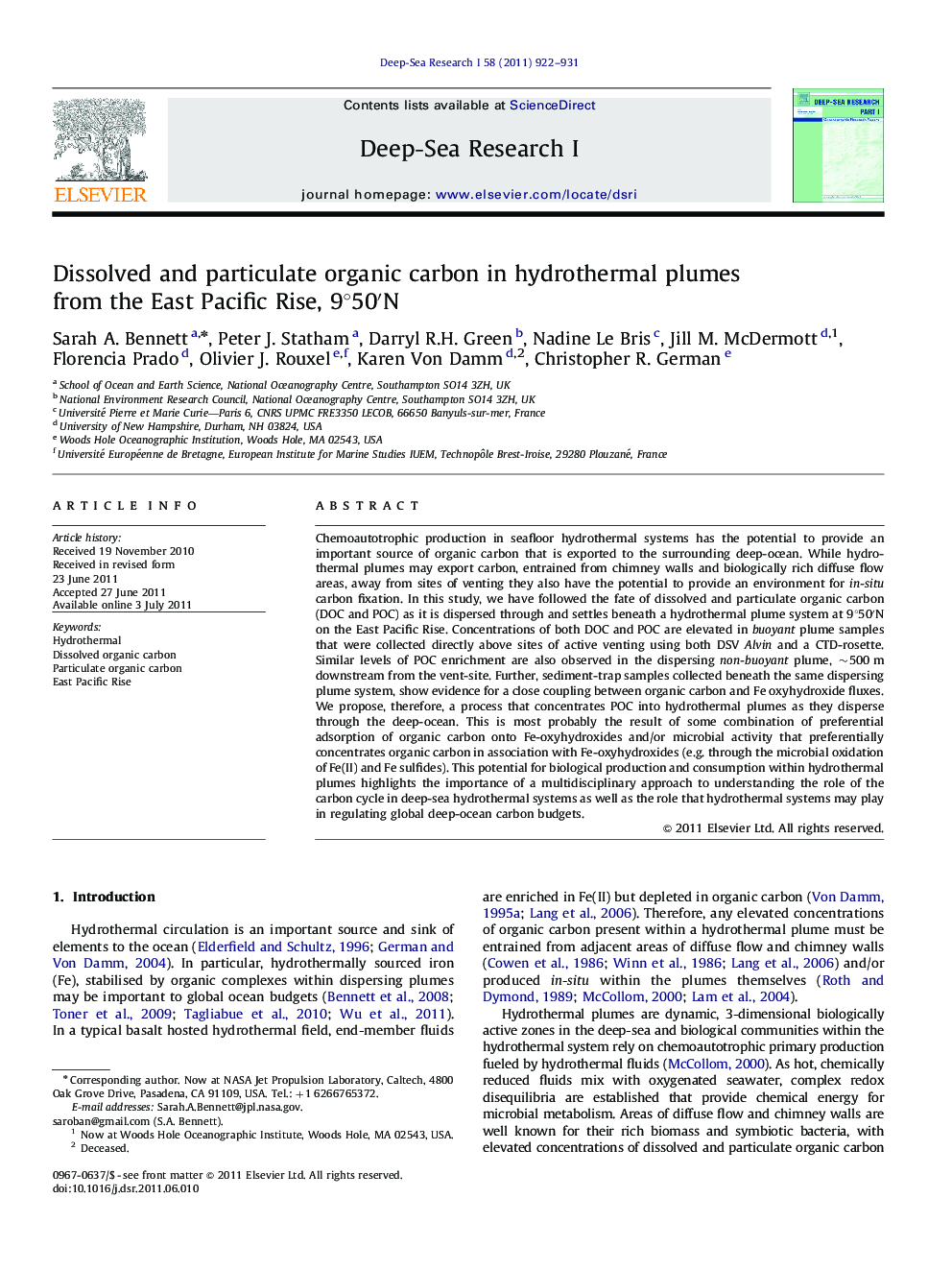 Dissolved and particulate organic carbon in hydrothermal plumes from the East Pacific Rise, 9°50′N