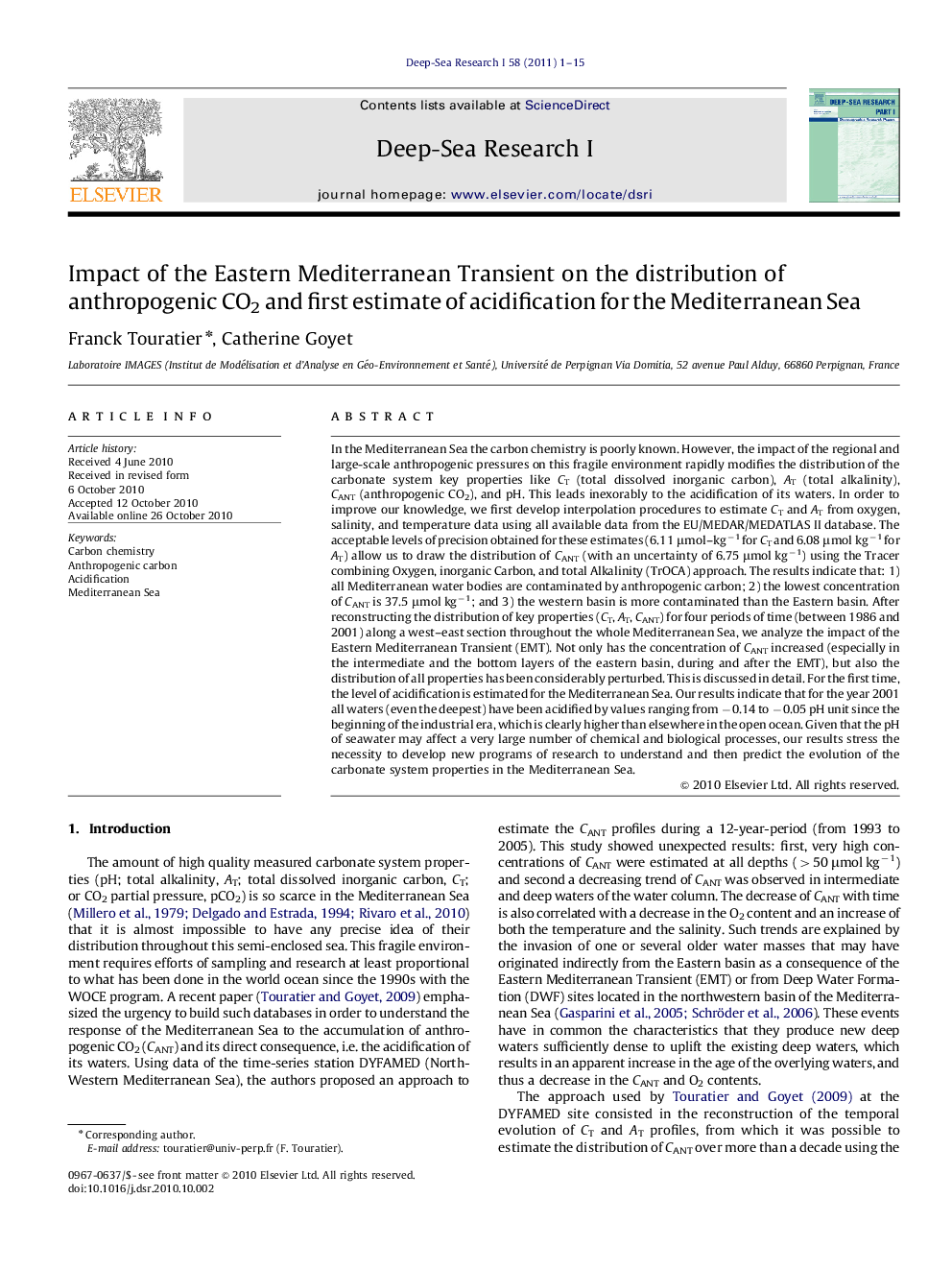 Impact of the Eastern Mediterranean Transient on the distribution of anthropogenic CO2 and first estimate of acidification for the Mediterranean Sea