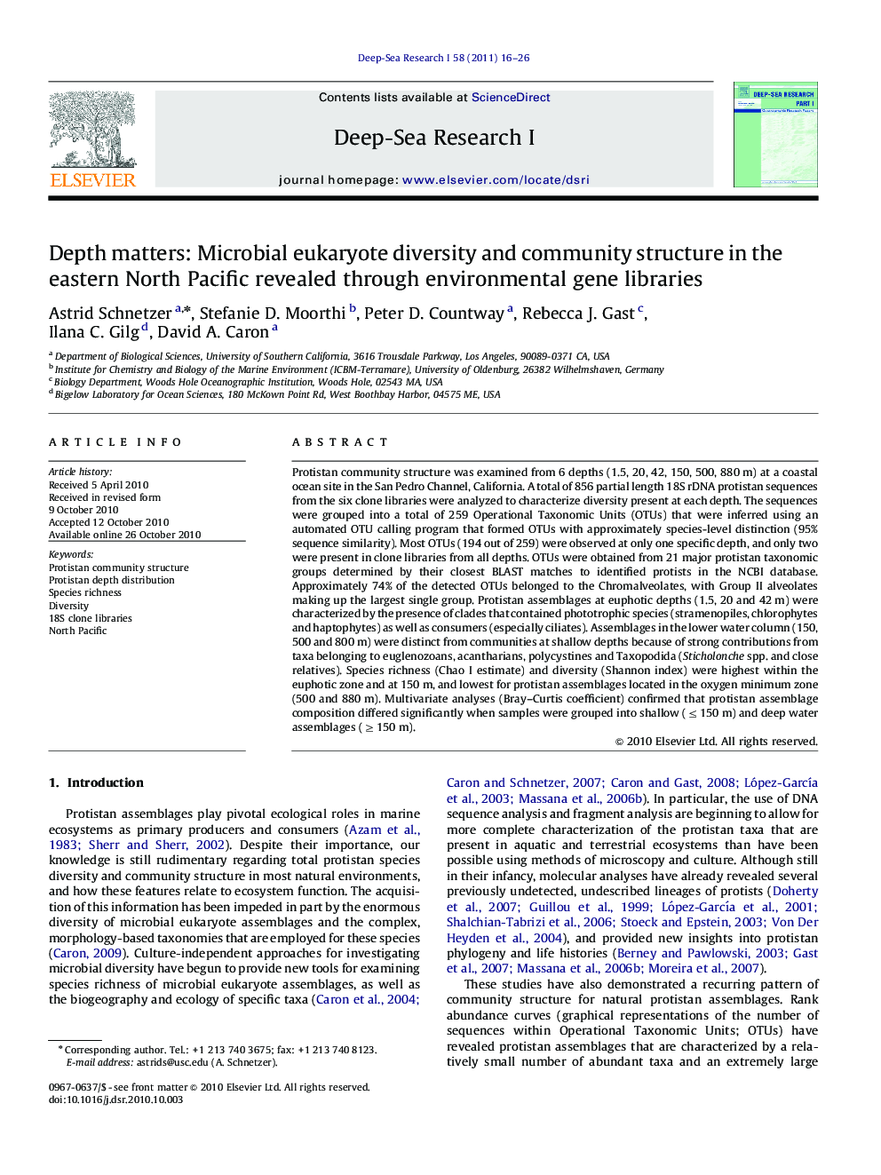 عکس صفحه اول مقاله: Depth matters: Microbial eukaryote diversity and community structure in the eastern North Pacific revealed through environmental gene libraries Depth matters: Microbial eukaryote diversity and community structure in the eastern North Pacific revealed through environmental gene libraries