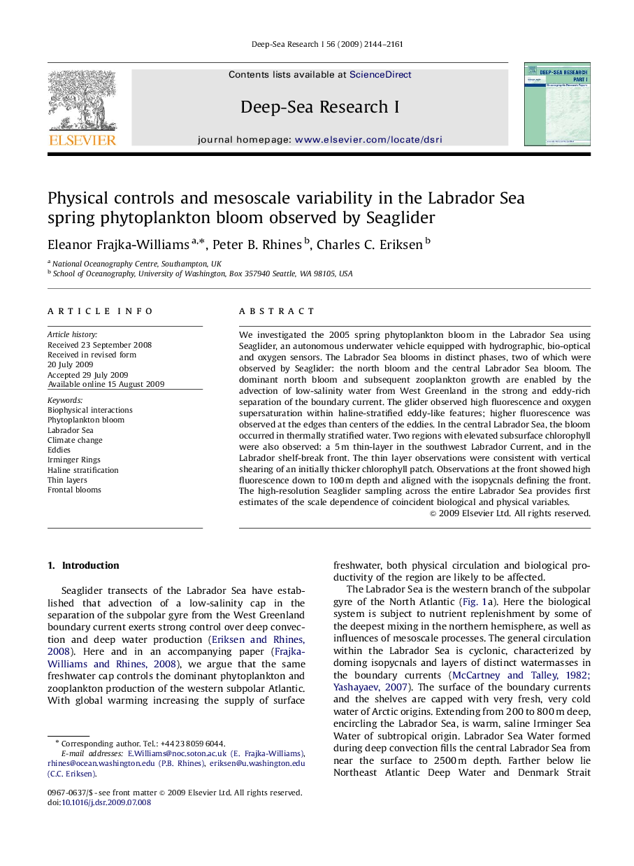 Physical controls and mesoscale variability in the Labrador Sea spring phytoplankton bloom observed by Seaglider