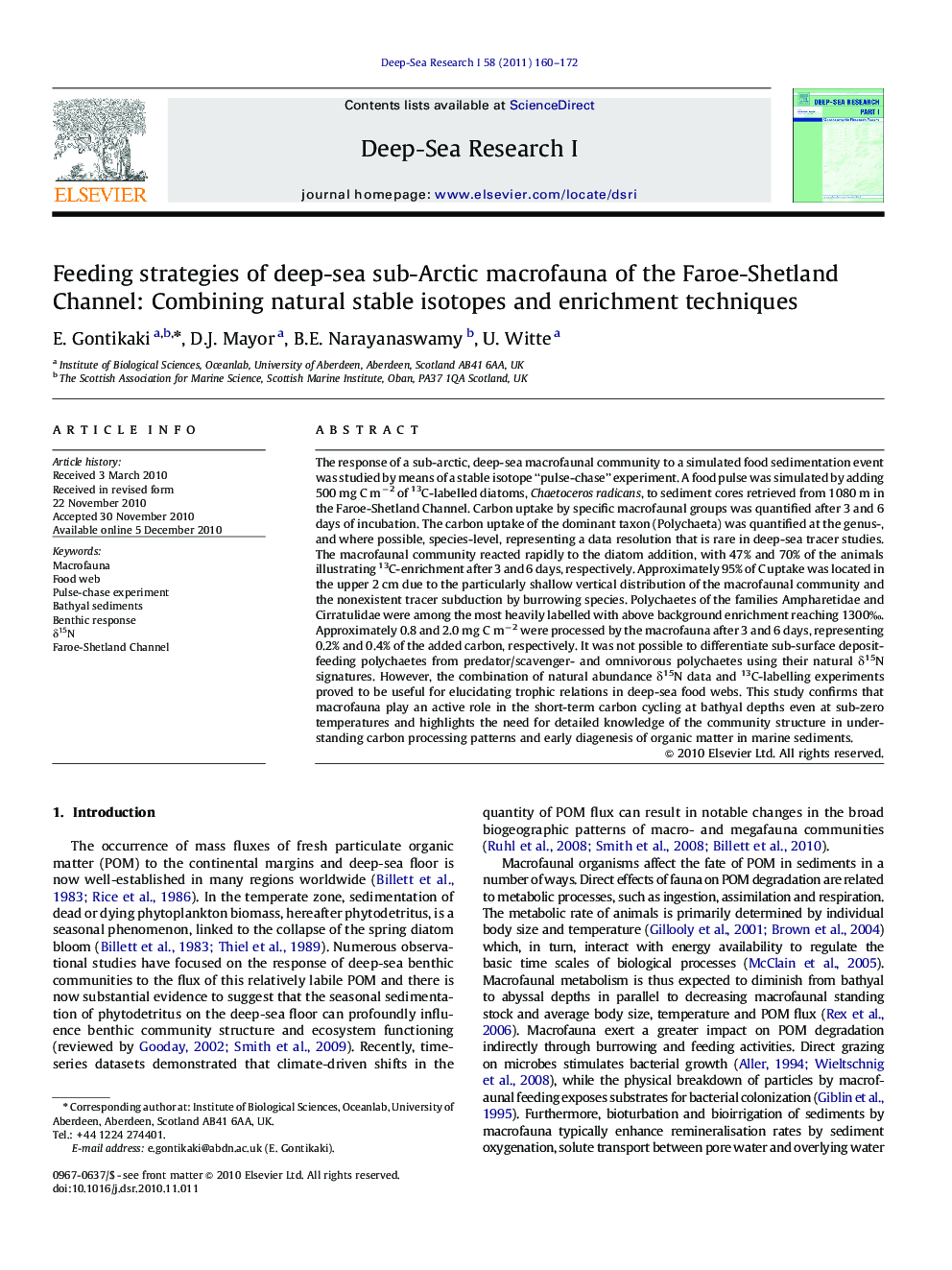 Feeding strategies of deep-sea sub-Arctic macrofauna of the Faroe-Shetland Channel: Combining natural stable isotopes and enrichment techniques