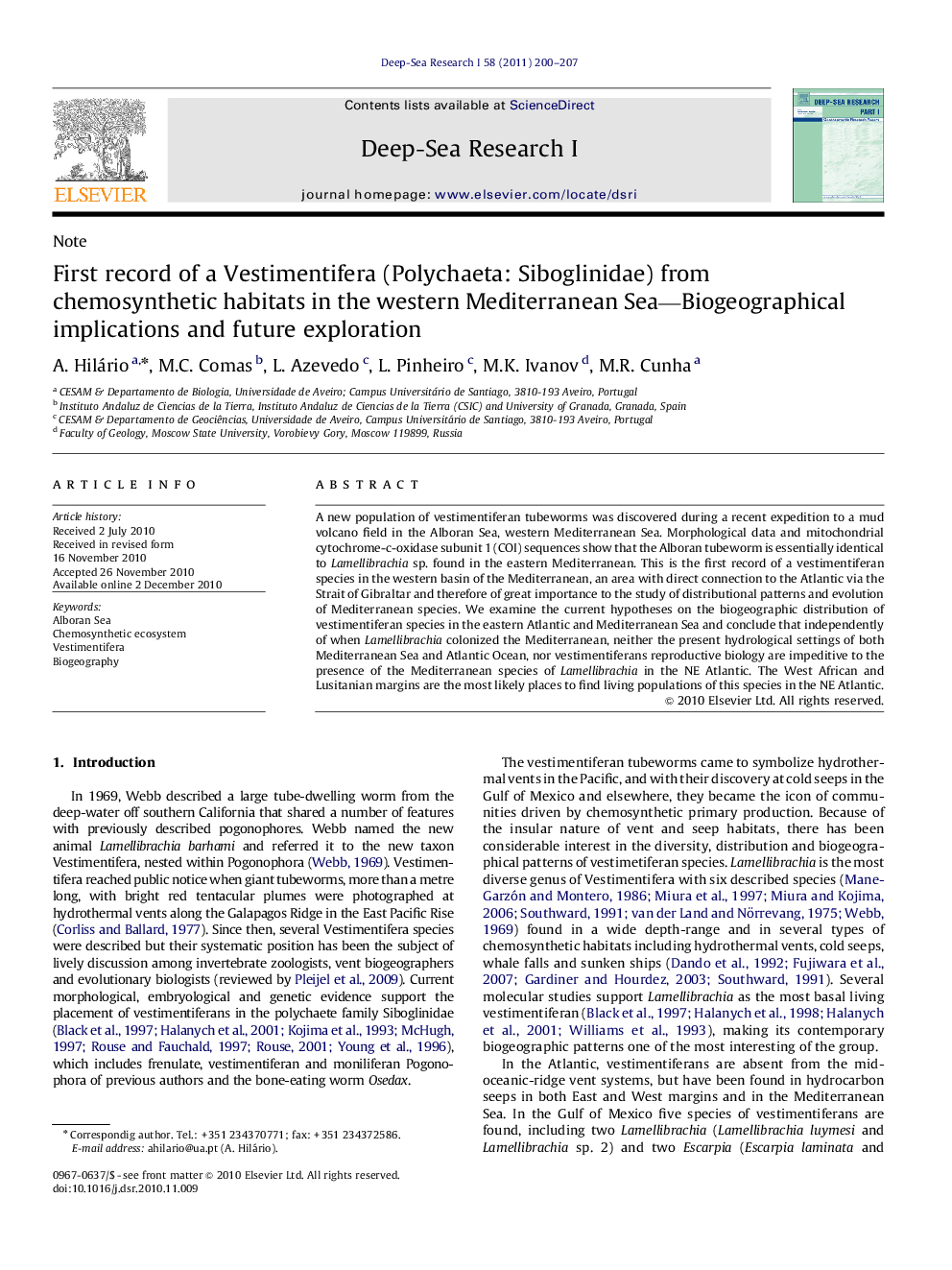 First record of a Vestimentifera (Polychaeta: Siboglinidae) from chemosynthetic habitats in the western Mediterranean Sea—Biogeographical implications and future exploration