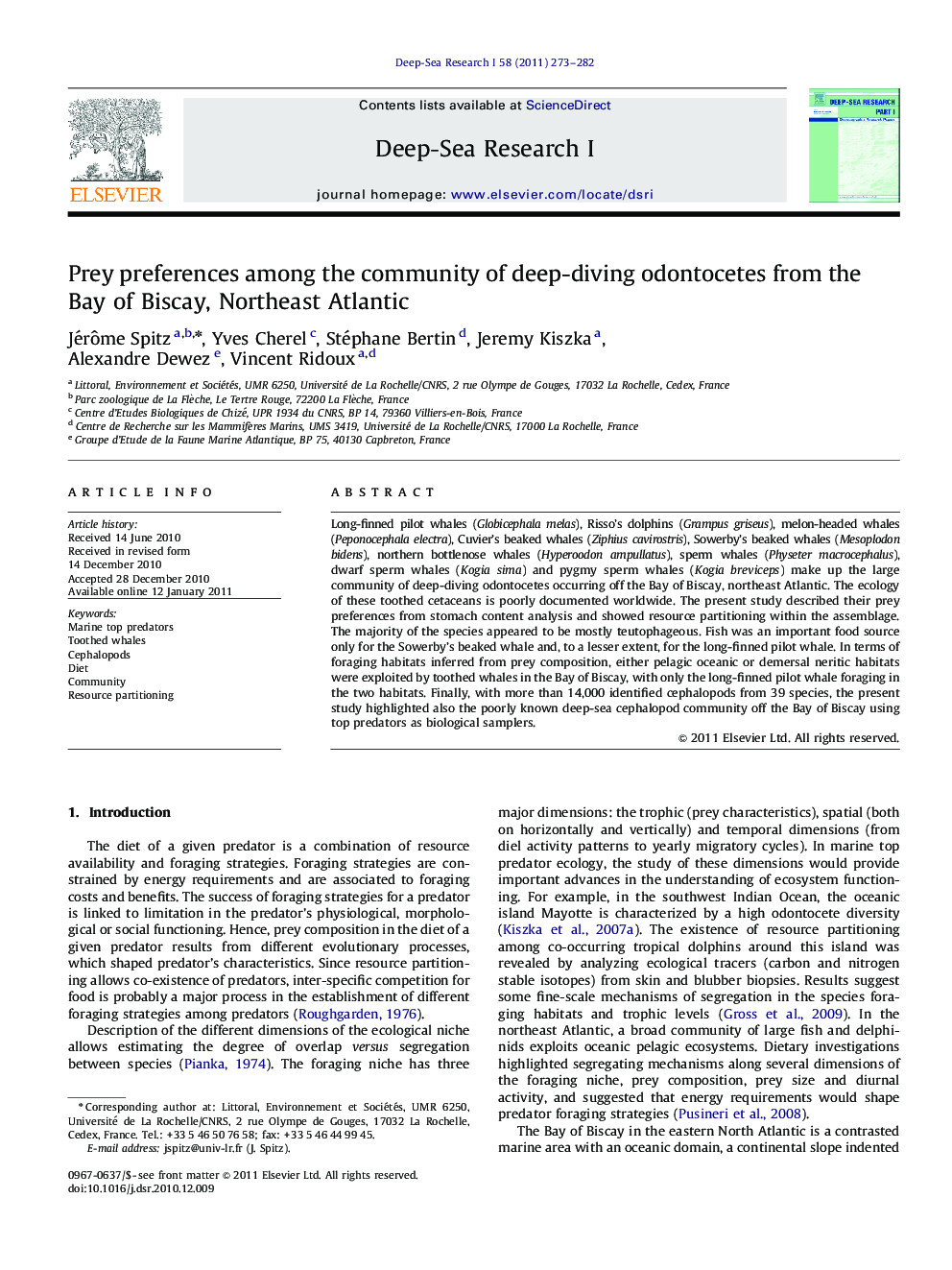 Prey preferences among the community of deep-diving odontocetes from the Bay of Biscay, Northeast Atlantic