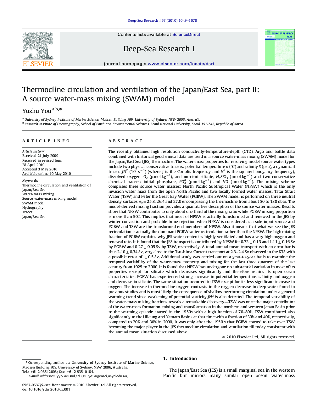 Thermocline circulation and ventilation of the Japan/East Sea, part II: A source water-mass mixing (SWAM) model