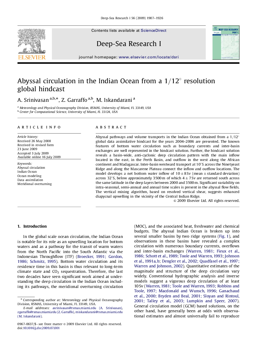 Abyssal circulation in the Indian Ocean from a 1/12∘1/12∘ resolution global hindcast