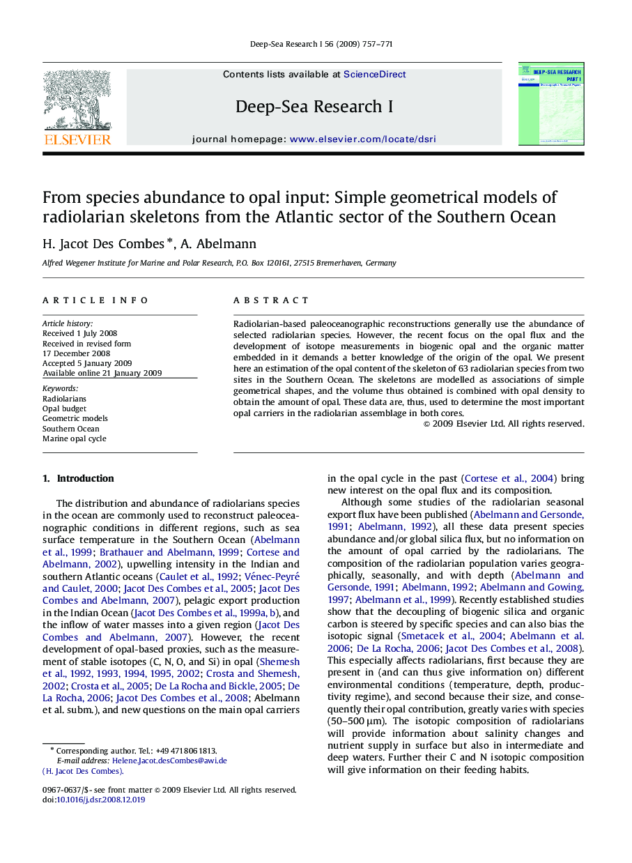 From species abundance to opal input: Simple geometrical models of radiolarian skeletons from the Atlantic sector of the Southern Ocean