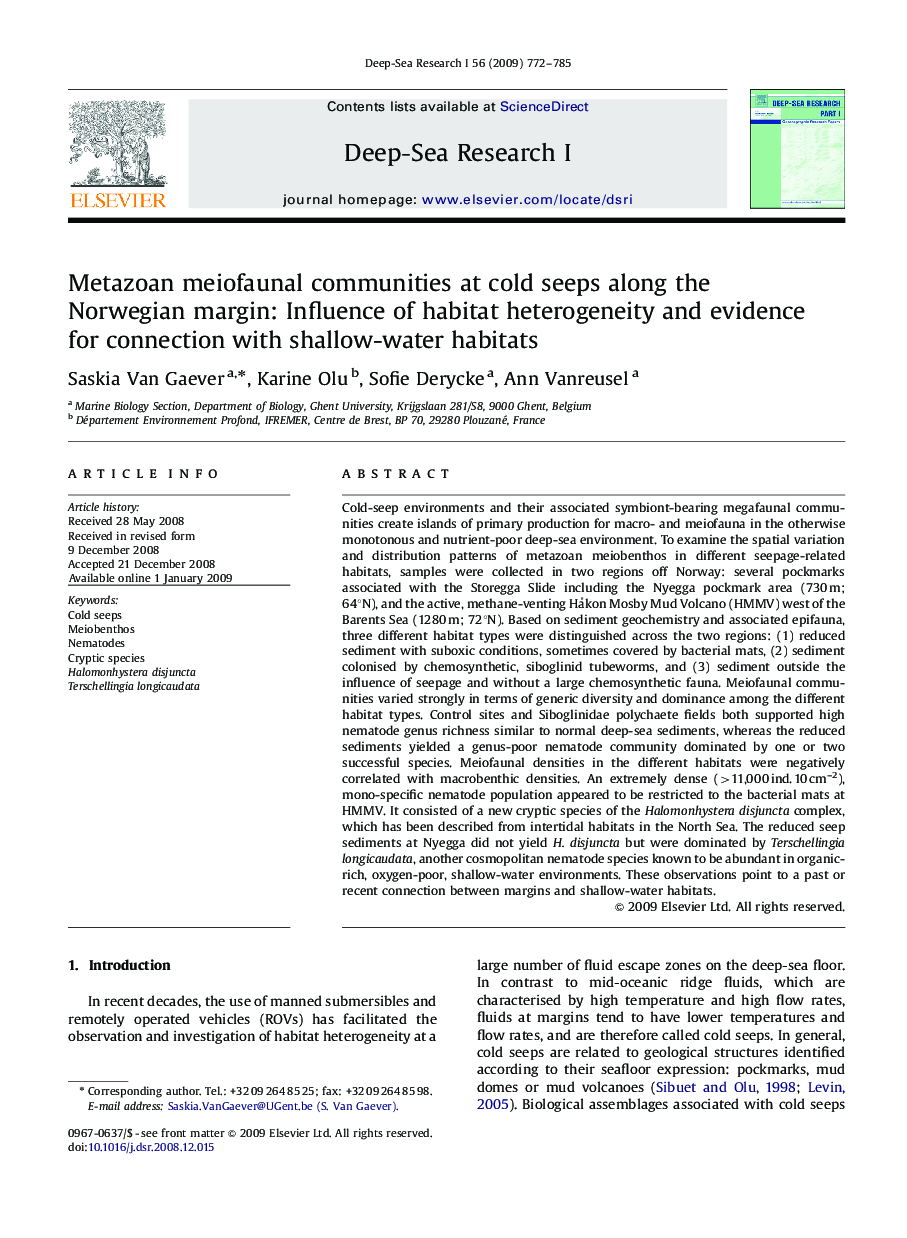 Metazoan meiofaunal communities at cold seeps along the Norwegian margin: Influence of habitat heterogeneity and evidence for connection with shallow-water habitats