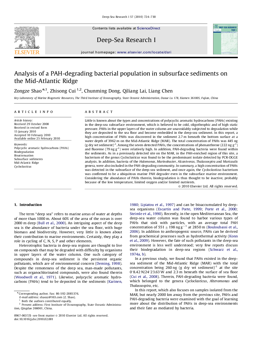 Analysis of a PAH-degrading bacterial population in subsurface sediments on the Mid-Atlantic Ridge