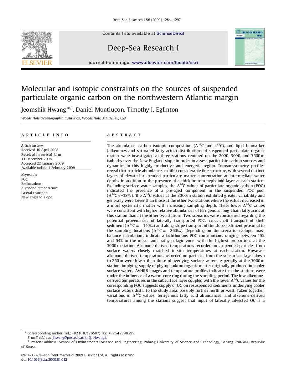 Molecular and isotopic constraints on the sources of suspended particulate organic carbon on the northwestern Atlantic margin