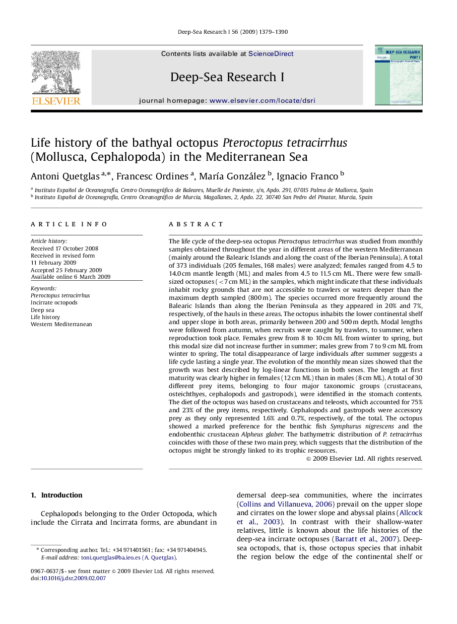 Life history of the bathyal octopus Pteroctopus tetracirrhus (Mollusca, Cephalopoda) in the Mediterranean Sea