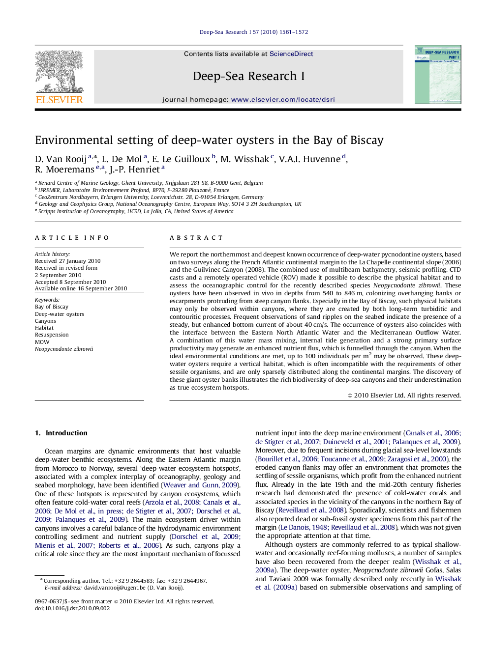 Environmental setting of deep-water oysters in the Bay of Biscay