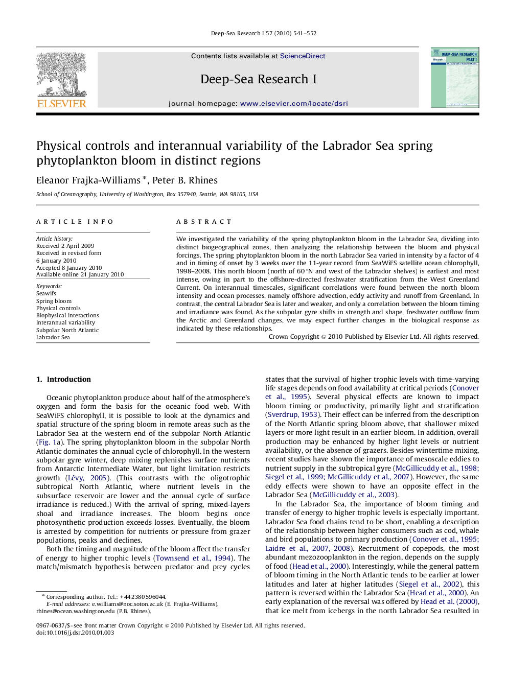 Physical controls and interannual variability of the Labrador Sea spring phytoplankton bloom in distinct regions