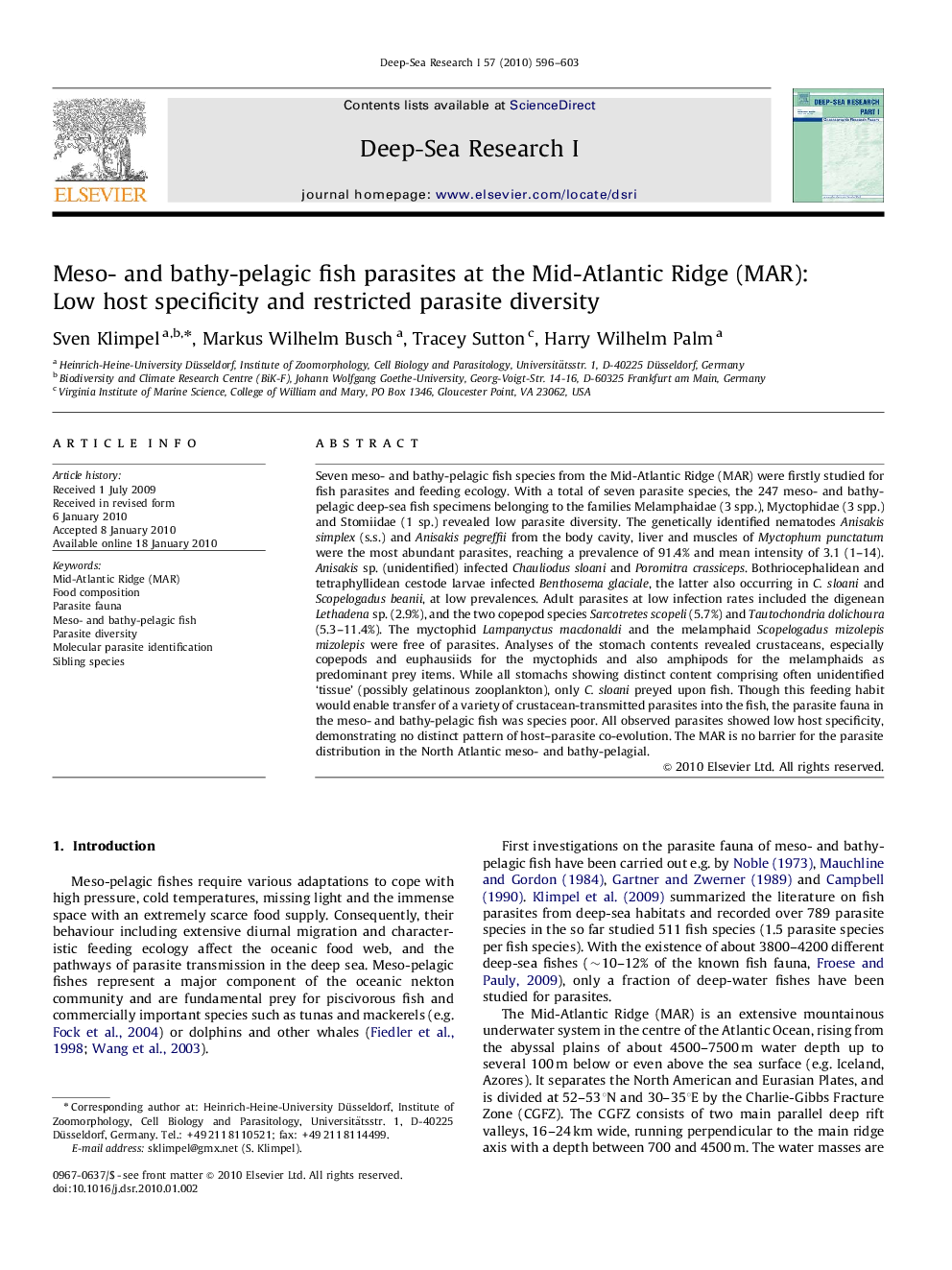 Meso- and bathy-pelagic fish parasites at the Mid-Atlantic Ridge (MAR): Low host specificity and restricted parasite diversity