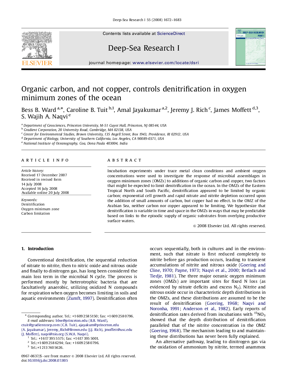 Organic carbon, and not copper, controls denitrification in oxygen minimum zones of the ocean