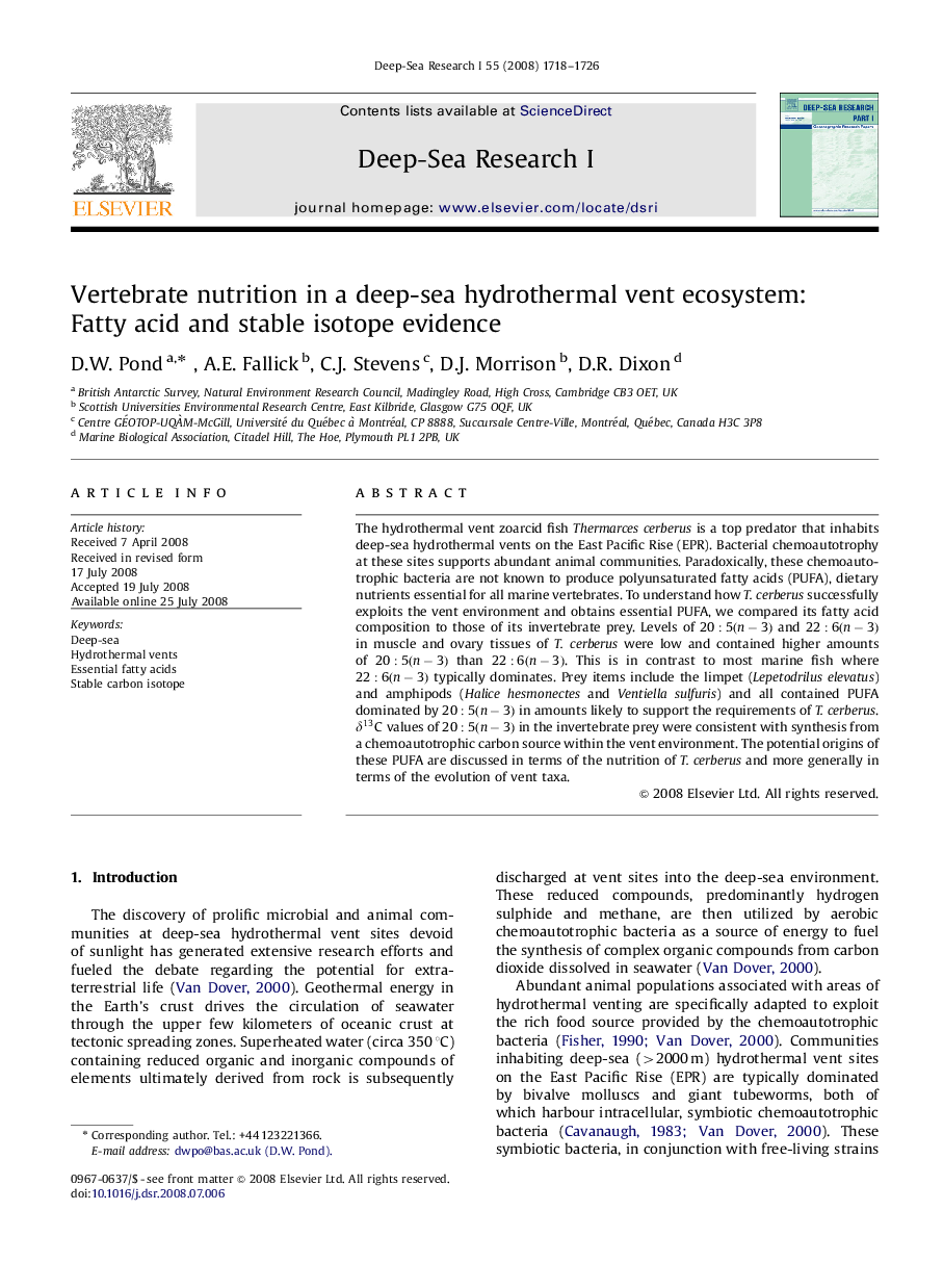 Vertebrate nutrition in a deep-sea hydrothermal vent ecosystem: Fatty acid and stable isotope evidence